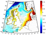 Ir. D.C. Slobbe (TU Delft). Mean Dynamic Topography over de periode 2000-2002 verkregen met het gekalibreerd Dutch Continental Shelf Model.