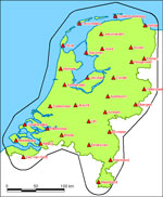 De referentiestations van NETPOS (Netherlands Positioning System) en de dekking van het systeem.